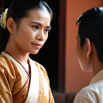 **

A social worker compassionately listening to a Thai person in need. Focus on building trust and empathy. Warm, supportive environment. Use traditional Thai clothing elements in the background.

**