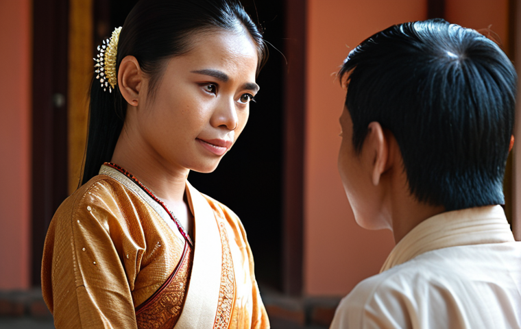 **

A social worker compassionately listening to a Thai person in need. Focus on building trust and empathy. Warm, supportive environment. Use traditional Thai clothing elements in the background.

**
