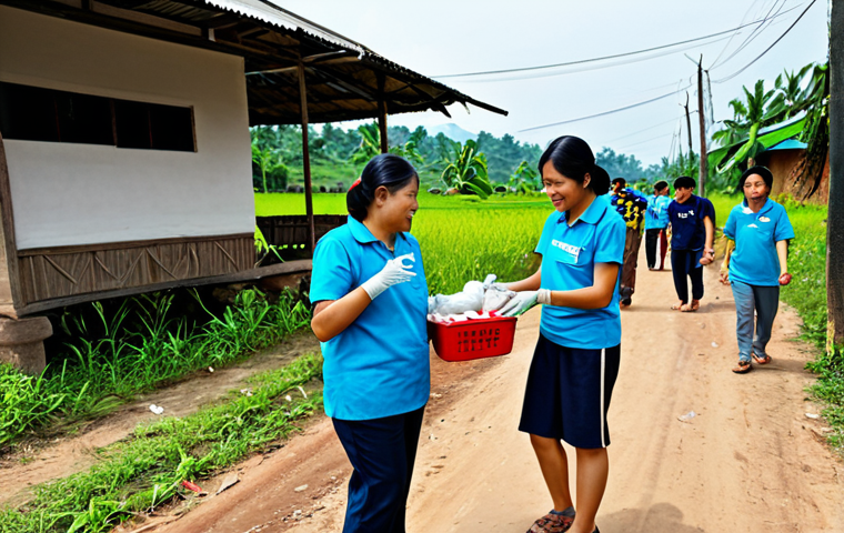 **

"A group of fully clothed Thai volunteers helping villagers in a rural community. The volunteers are distributing essential supplies and offering support. The scene is bright and hopeful, showcasing the positive impact of the foundation. Appropriate attire, safe for work, perfect anatomy, natural proportions, family-friendly, high quality photography, professional."

**