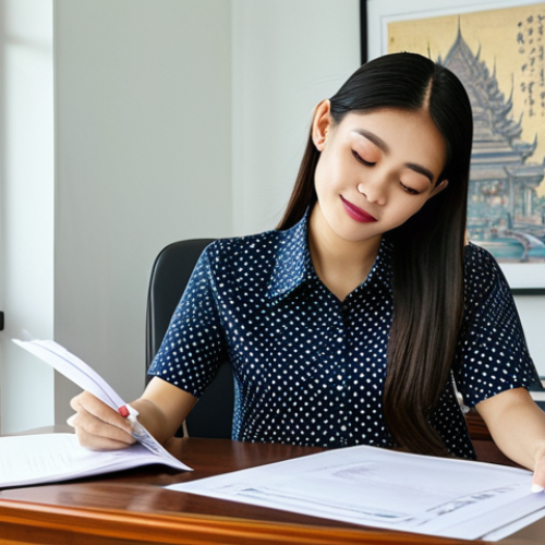 Home 16 **A professional social worker in Thailand, fully clothed in a modest and respectful outfit (perhaps a smart blouse and long skirt or slacks), is sitting at a wooden desk reviewing documents in a bright, airy office decorated with Thai art. Safe for work, appropriate content, perfect anatomy, natural proportions, professional, family-friendly.**
