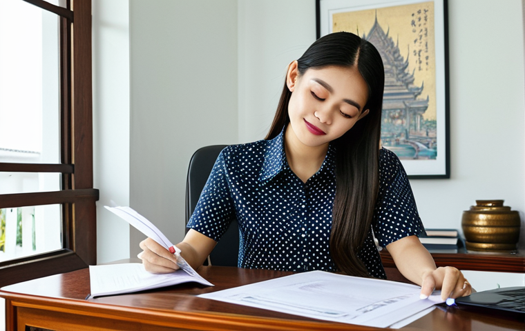 **A professional social worker in Thailand, fully clothed in a modest and respectful outfit (perhaps a smart blouse and long skirt or slacks), is sitting at a wooden desk reviewing documents in a bright, airy office decorated with Thai art. Safe for work, appropriate content, perfect anatomy, natural proportions, professional, family-friendly.**