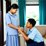 사회복지사 실무 기술 향상 팁 - **Prompt:** A professional social worker, fully clothed in modest attire, assisting a family in a cl...