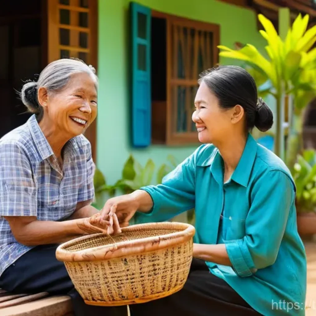 사회복지사와 사회적기업 연결 - **Prompt:** A compassionate Thai social worker, a woman in her late 30s with a warm, inviting smile,...