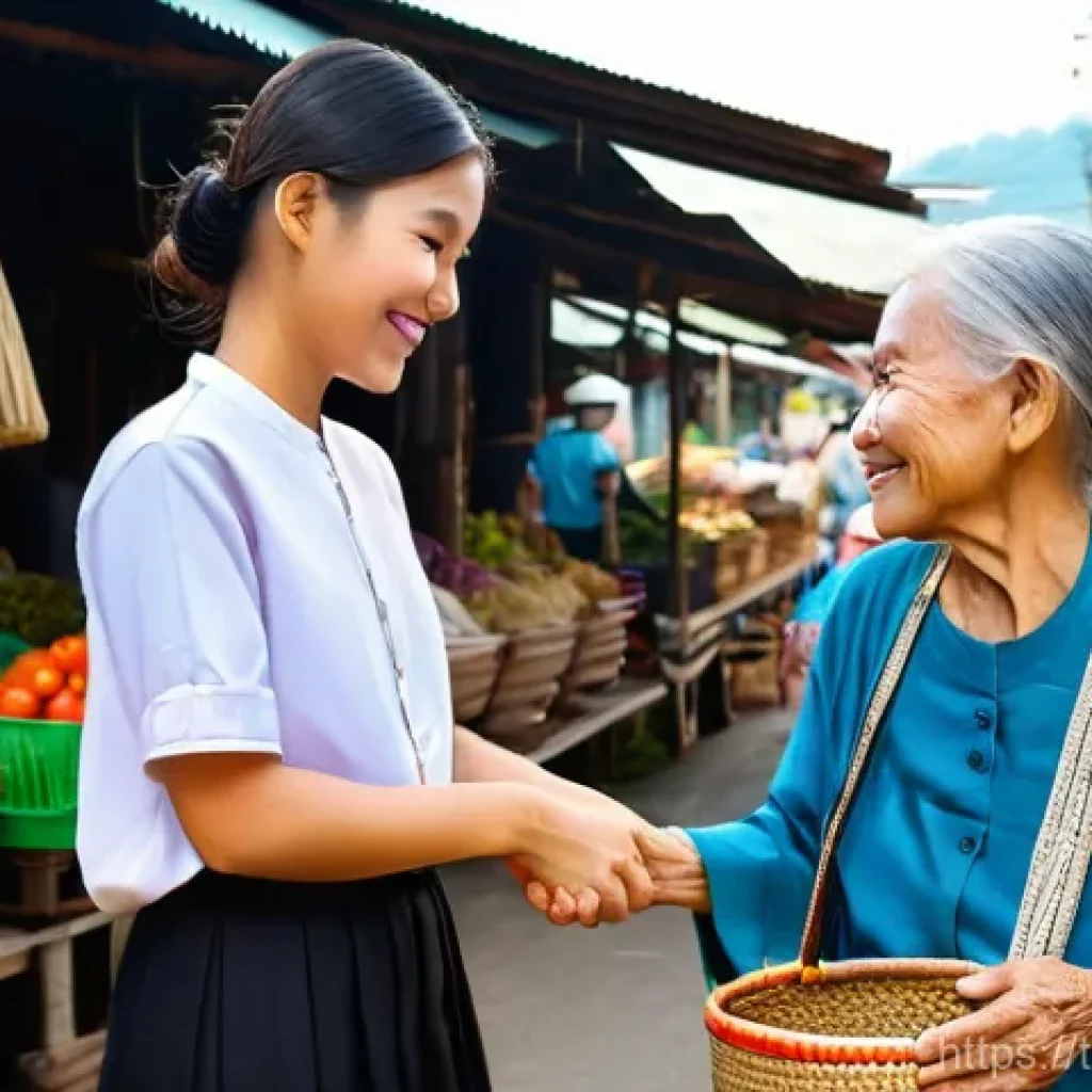사회복지사 자격증 취득 동기 부여 - **Prompt:** A heartwarming scene depicting a kind and empathetic young Thai woman, in her early twen...