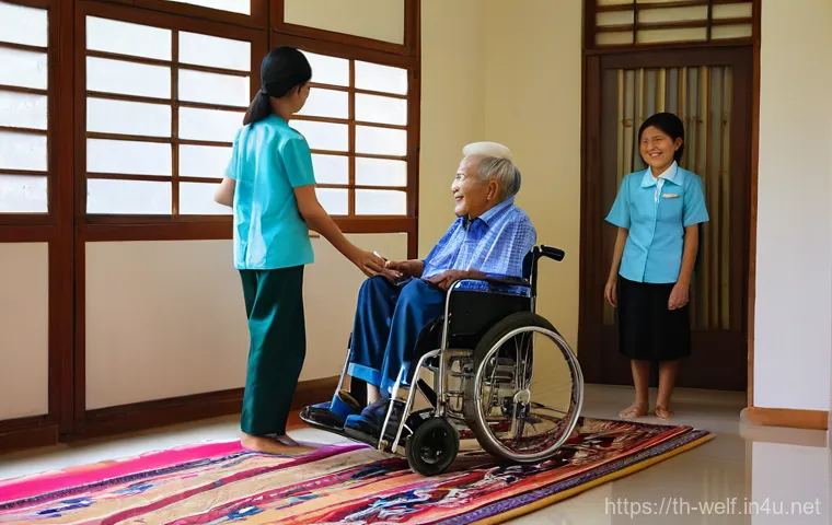 사회복지사 복지 시설 운영 경험 - **Prompt:** A heartwarming scene inside a modern, brightly lit welfare home. In the foreground, a ki...