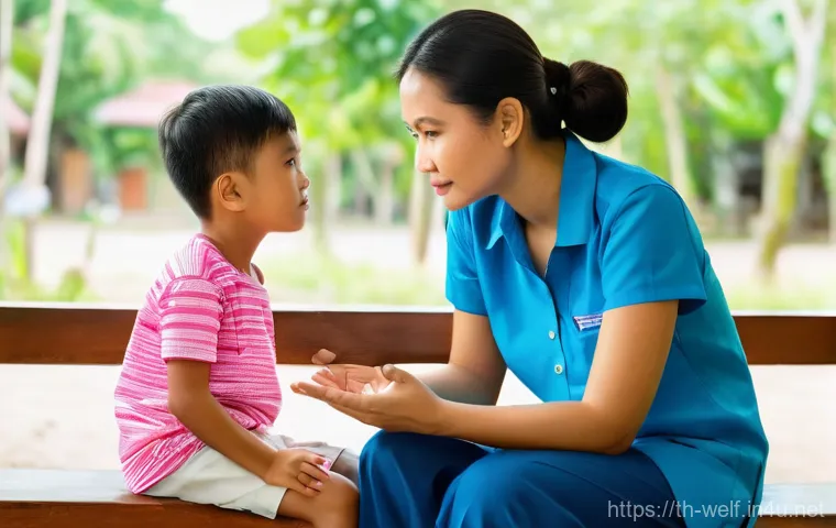 사회복지사와 복지 이론 심화 - A compassionate Thai social worker, dressed in a professional yet approachable blouse and trousers, ...