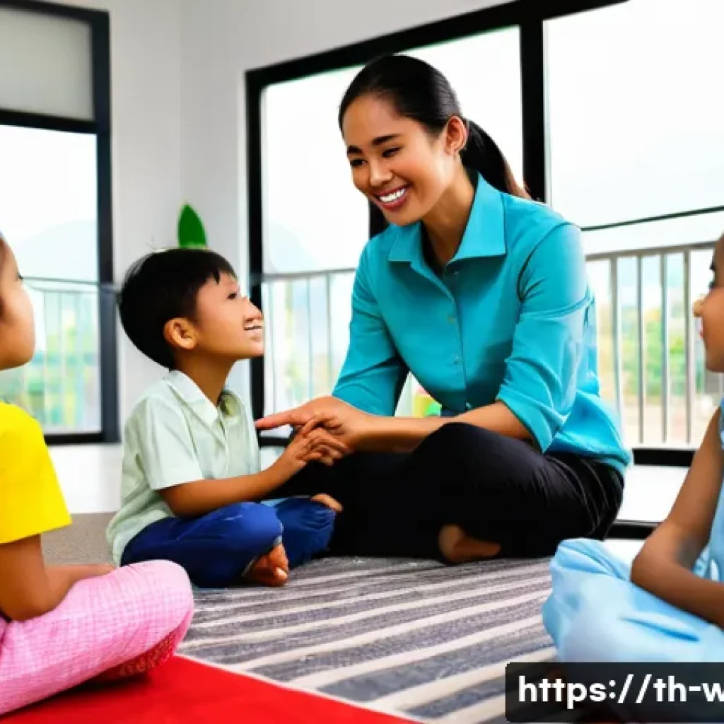 사회복지사 경력개발을 위한 자격증 - A compassionate Thai social worker in professional attire, attentively interacting with a diverse gr...