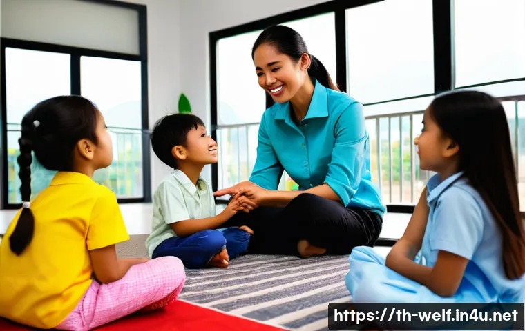 사회복지사 경력개발을 위한 자격증 - A compassionate Thai social worker in professional attire, attentively interacting with a diverse gr...