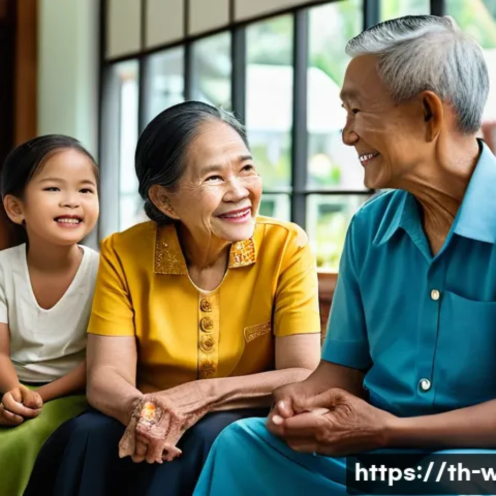 사회복지사 면접 질문과 답변 팁 - A compassionate social worker in a modern Thai community center, engaging warmly with diverse client...