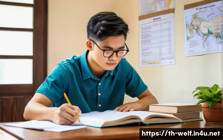 사회복지사 자격증 기출문제 분석 - A focused young Thai adult studying diligently at a traditional wooden desk in a cozy, well-lit home...
