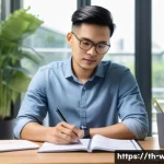 Home 22 사회복지사 직업 만족도 향상법 - A compassionate social worker in a modern Thai urban office setting, wearing smart casual attire, th...