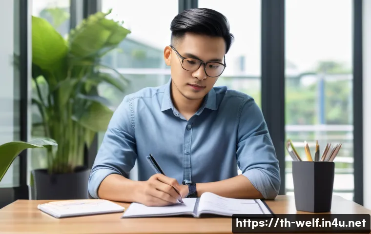 사회복지사 직업 만족도 향상법 - A compassionate social worker in a modern Thai urban office setting, wearing smart casual attire, th...