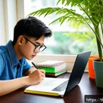 Home 21 사회복지사 자격증 시험 과목별 요점 - A focused young Thai adult studying at a cozy desk in a modern Bangkok apartment, using the Pomodoro...