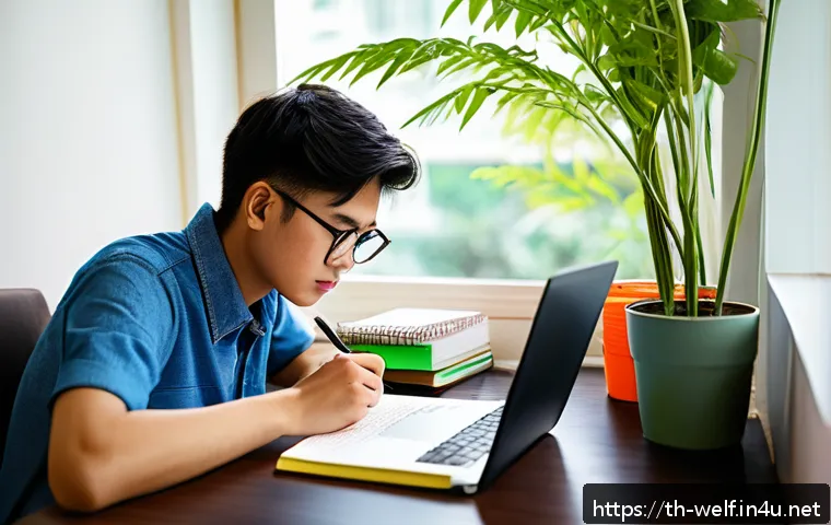 사회복지사 자격증 시험 과목별 요점 - A focused young Thai adult studying at a cozy desk in a modern Bangkok apartment, using the Pomodoro...
