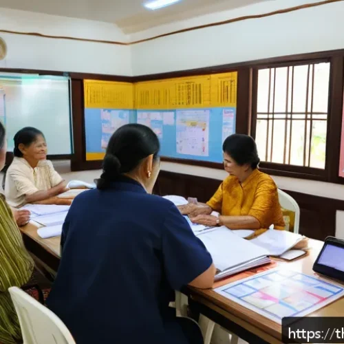 Home 32 사회복지사와 복지 통계 분석법 - A community social work workshop scene in Thailand, showing diverse Thai adults and elderly people a...