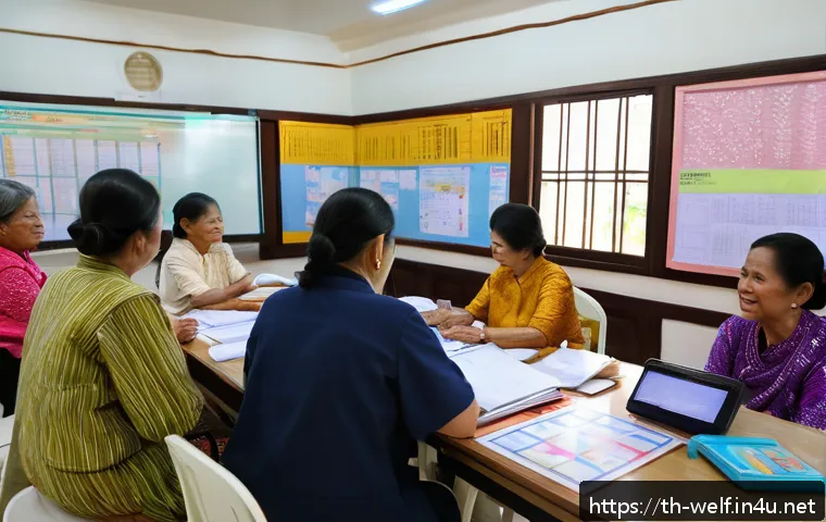 사회복지사와 복지 통계 분석법 - A community social work workshop scene in Thailand, showing diverse Thai adults and elderly people a...