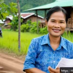 Home 19 사회복지사 자격증 활용 사례 - A compassionate Thai social worker in professional attire, coordinating community aid at a local adm...