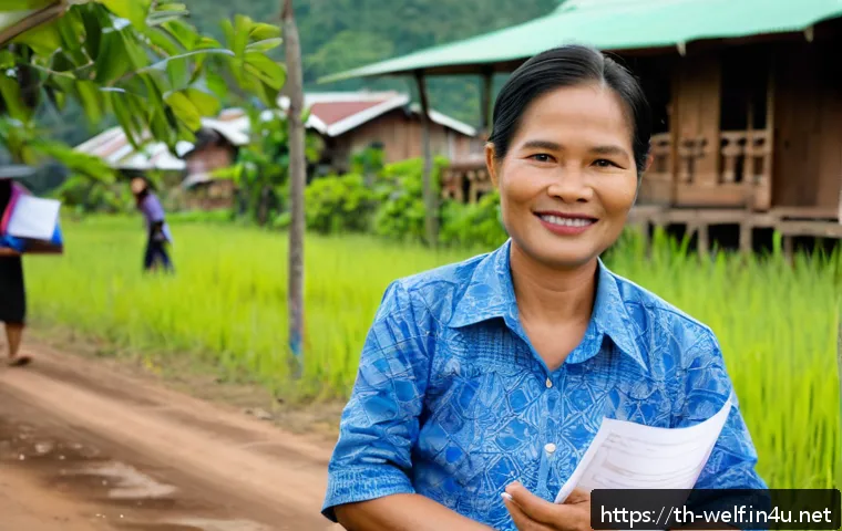 사회복지사 자격증 활용 사례 - A compassionate Thai social worker in professional attire, coordinating community aid at a local adm...
